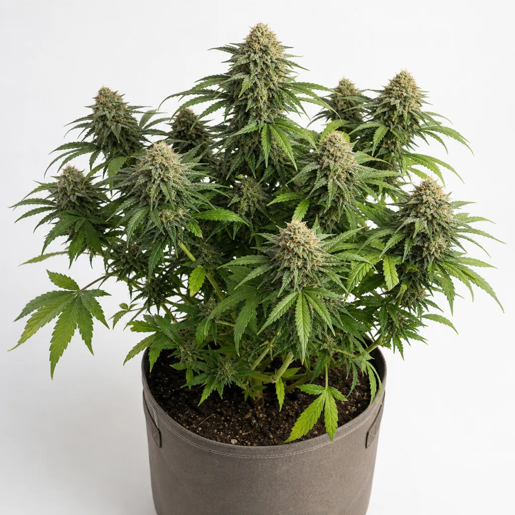 Planta de Honduras Regular de ACE Seeds en floración, con cogollos alargados y hojas verdes en una maceta textil sobre fondo blanco.