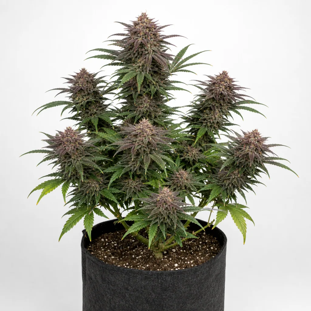 Planta de L.A. Amnesia Feminizada en maceta textil negra, con abundantes cogollos y hojas de tonos verdes y morados sobre fondo blanco.