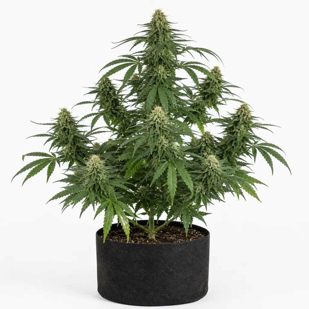 Planta de Mamba Negra CBD Feminizada en maceta negra, con hojas verdes y cogollos distribuidos en torno a una punta central alta.
