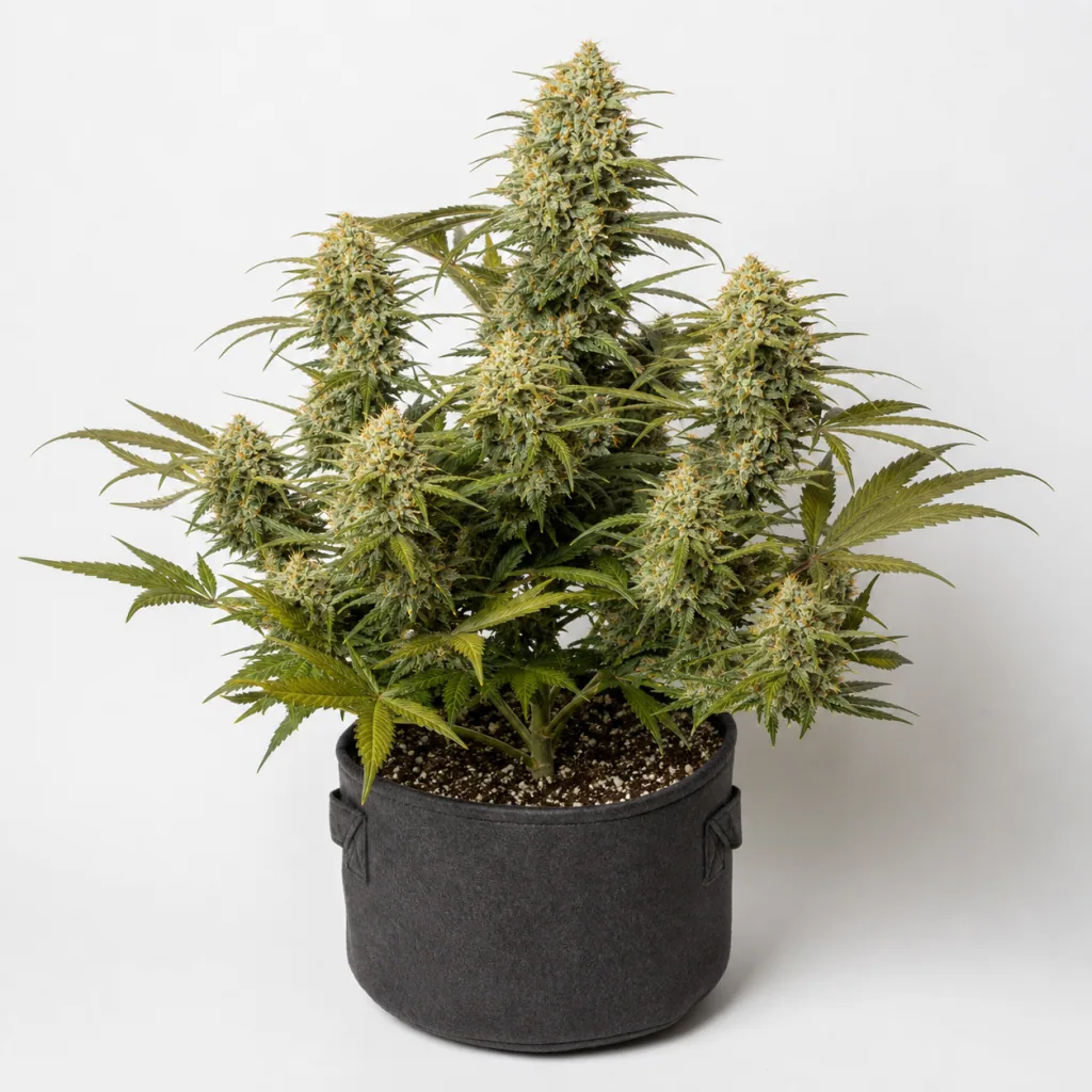 Planta de Amnesia Feminizada de Vision Seeds en maceta textil gris, con varios cogollos alargados y hojas verdes sobre fondo claro.