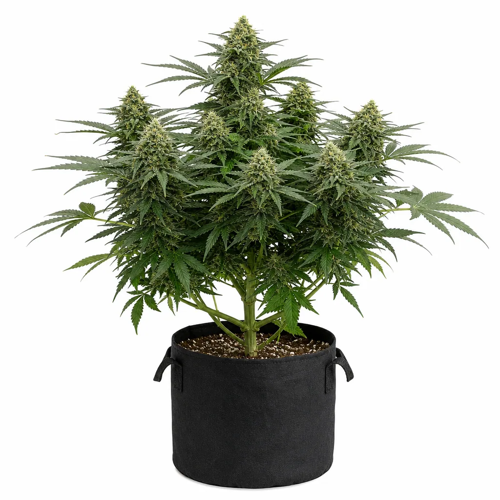 Planta de cannabis de la Colección Automática #1 de 00 Seeds, con abundantes cogollos y hojas verdes en una maceta textil negra.