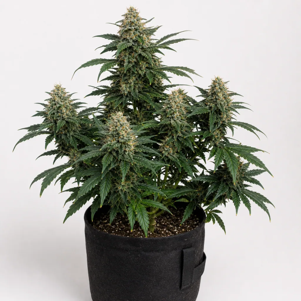 Planta de Black Bomb Feminizada en maceta negra de tela, con un cogollo central alto y varias ramas floridas sobre fondo claro.