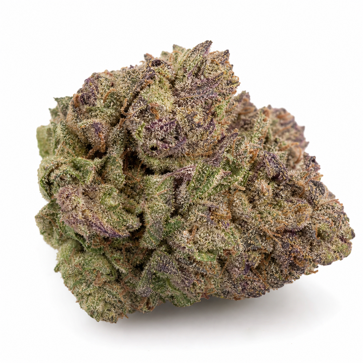 Cogollo de Grapefruit de Positronics Seeds en primer plano, con hojas verdes y moradas, pelos anaranjados y abundantes tricomas sobre fondo blanco.