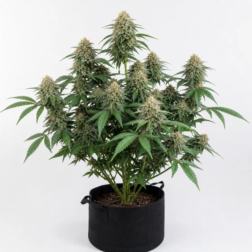Planta de Fruity Jack Feminizada en maceta de tela negra, con varios cogollos gruesos y hojas verdes sobre fondo blanco.