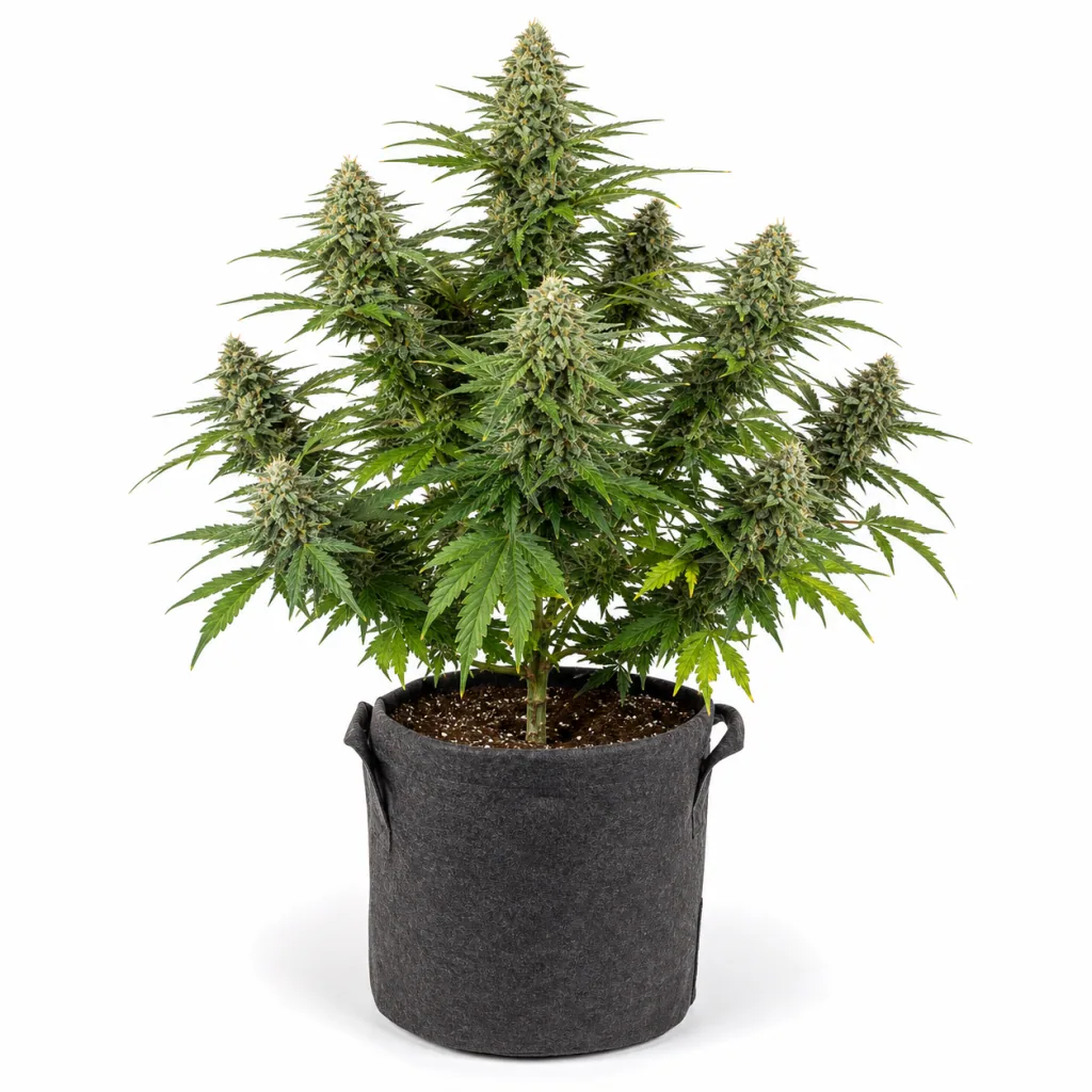 Planta de Somango Widow Feminizada en floración, con varias ramas cargadas de cogollos, en maceta de tela gris sobre fondo blanco.