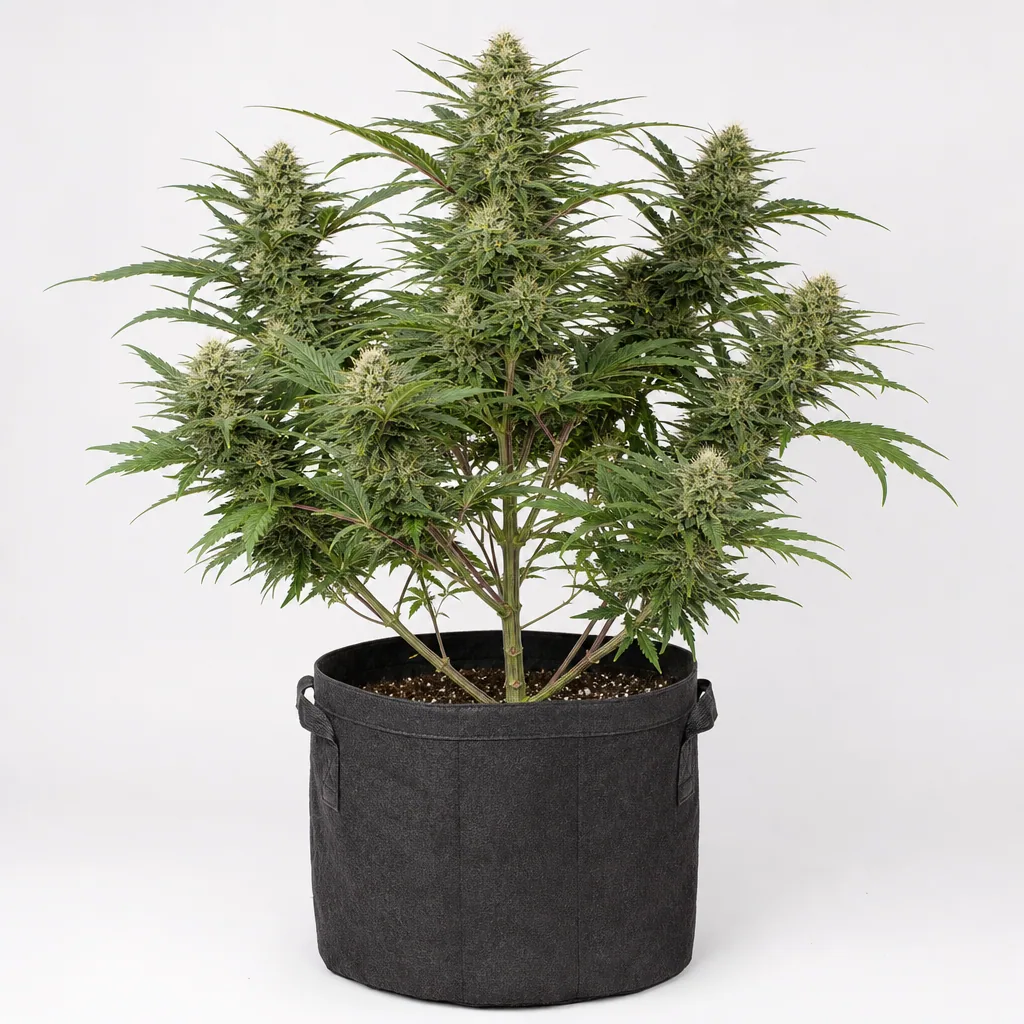 Planta de Some Sweet de Medical Seeds en floración, con abundantes cogollos y hojas verdes, en maceta textil negra sobre fondo blanco.