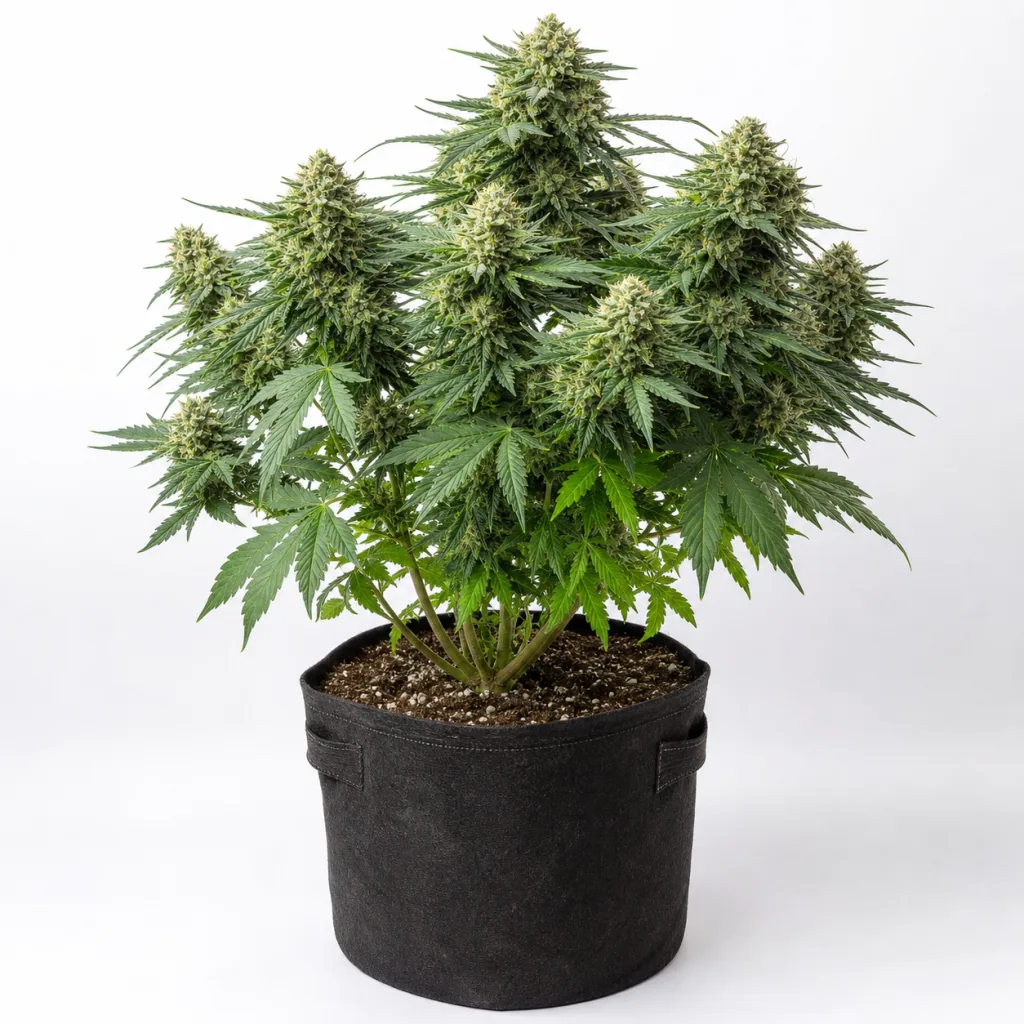 Planta de Auto Original Glue de Nirvana Seeds en floración, con abundantes cogollos y hojas verdes, en maceta textil negra sobre fondo blanco.