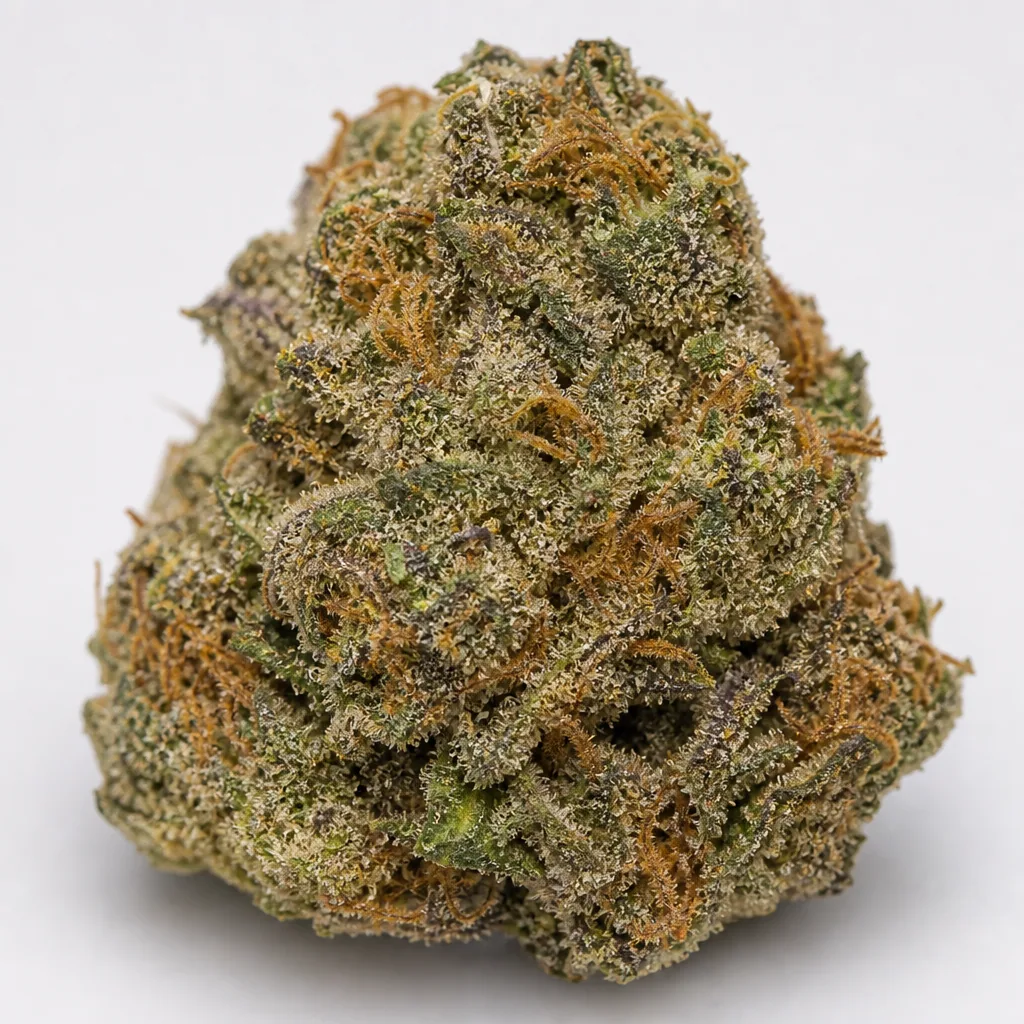 Primer plano de un cogollo de NYC Diesel de Soma Seeds, con tonos verdes y violáceos, filamentos anaranjados y superficie cristalina.