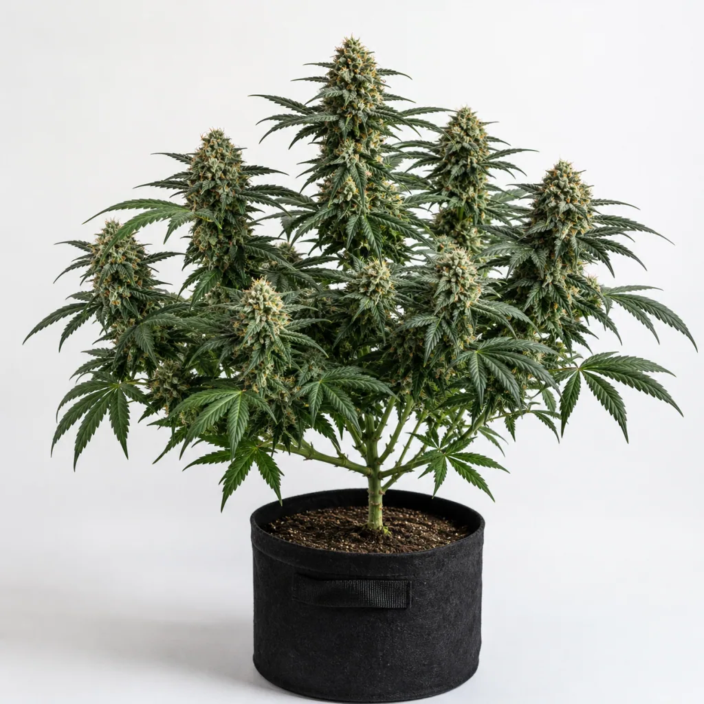 Planta de Automaria II de Paradise Seeds en floración, con varias ramas cargadas de cogollos y maceta negra sobre fondo claro.