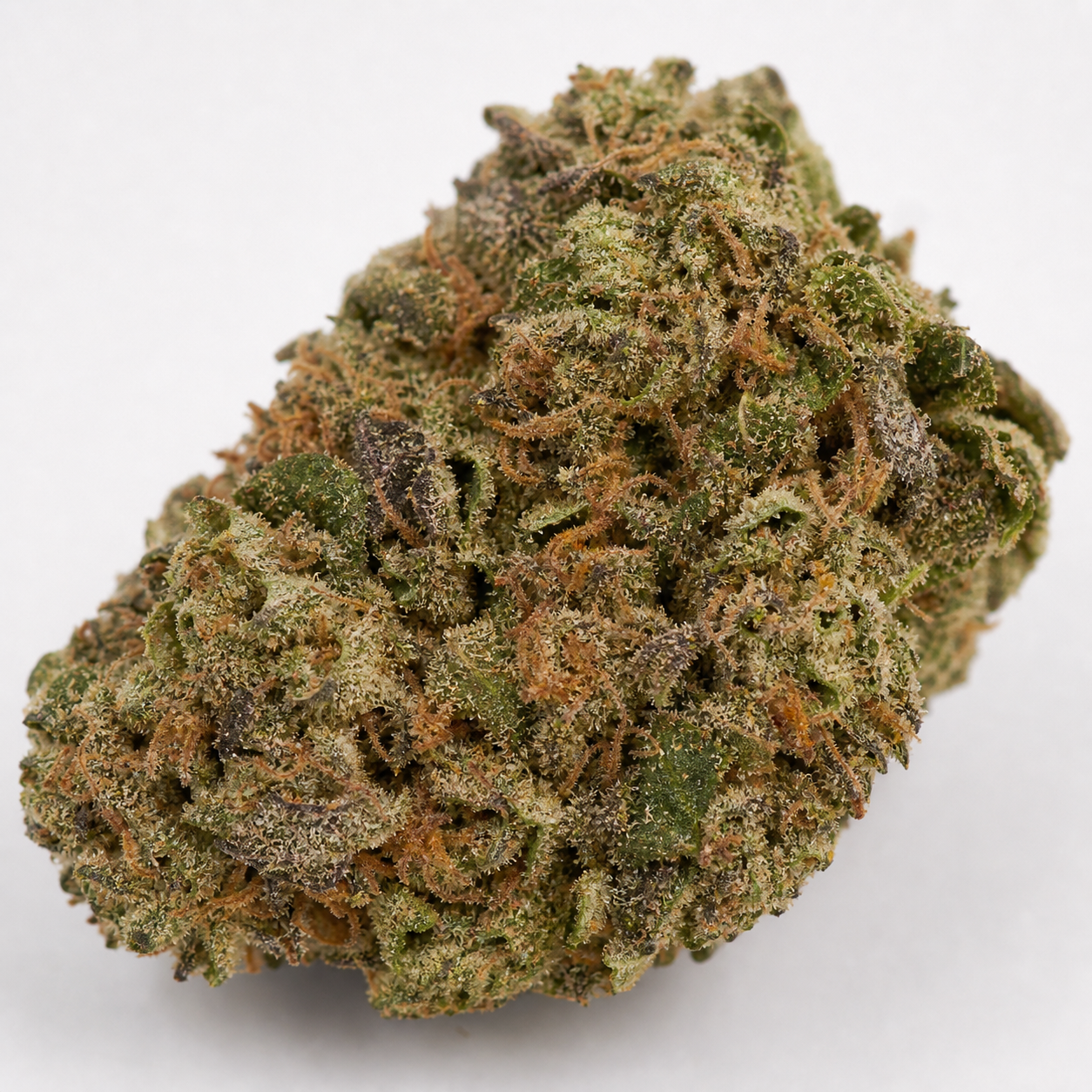 Primer plano de un cogollo de Blue Dream de PEV Seeds, con tonos verdes y violáceos, filamentos anaranjados y abundantes tricomas.