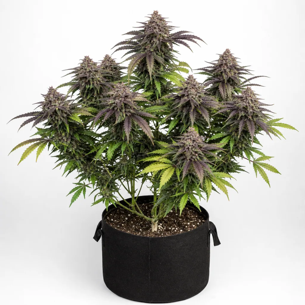 Planta de Durban Poison Fast Flowering Feminizada en maceta negra, con varias ramas floridas y hojas de tonos verdes y morados.