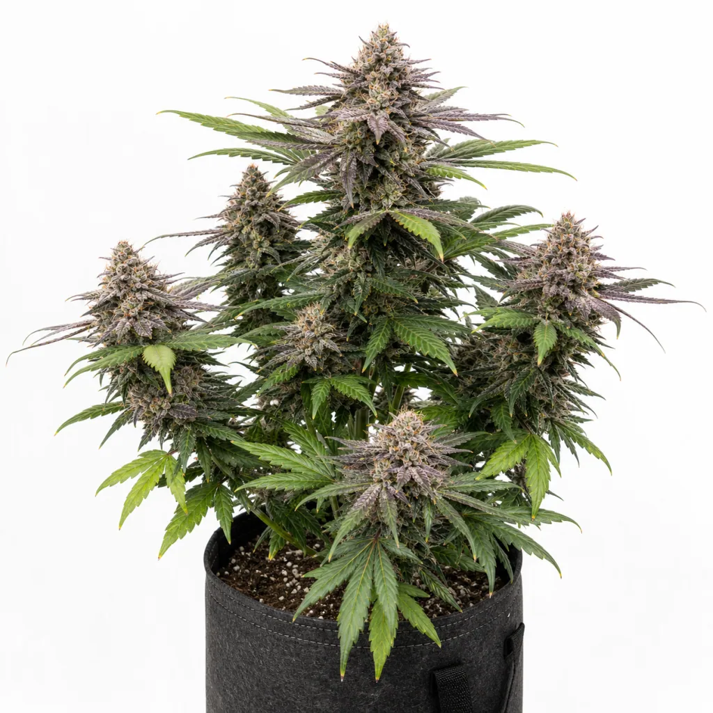 Auto Super OG Kush de Pyramid Seeds en maceta textil negra, con cogollos densos y hojas verdes y moradas sobre fondo blanco.