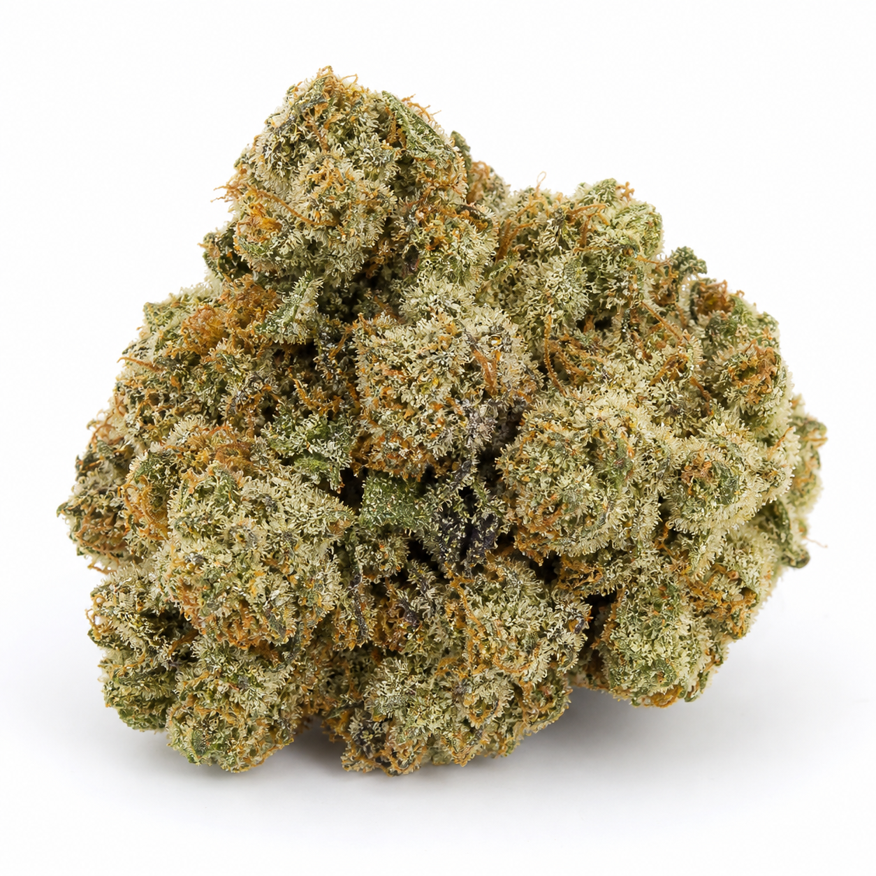 Cogollo de Auto White Widow CBD de Pyramid Seeds, de contorno ancho, con tonos verdes, pistilos naranjas y abundantes tricomas.