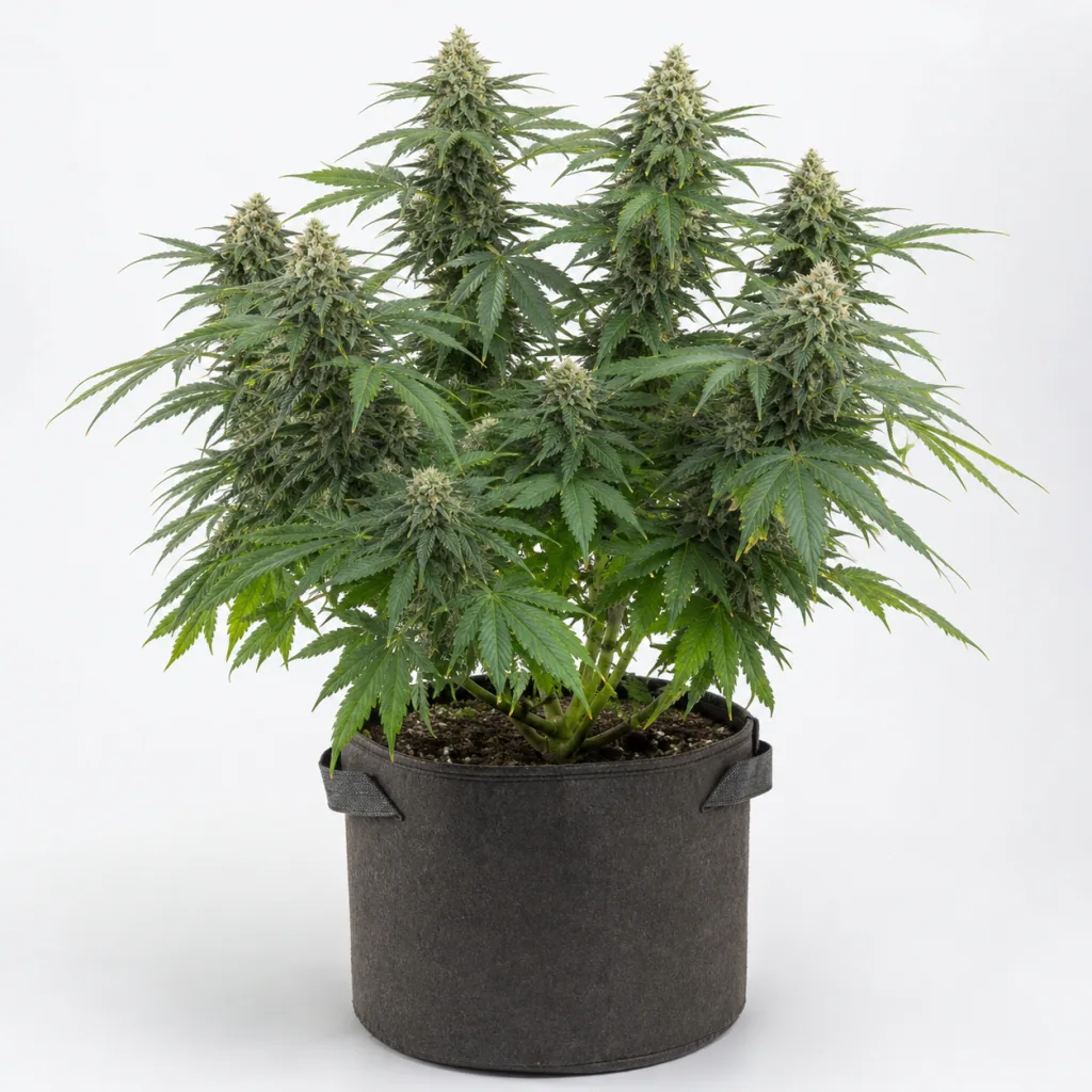 Planta de Auto White Widow CBD de Pyramid Seeds con varios cogollos alargados y hojas verdes, en maceta de tela gris sobre fondo blanco.