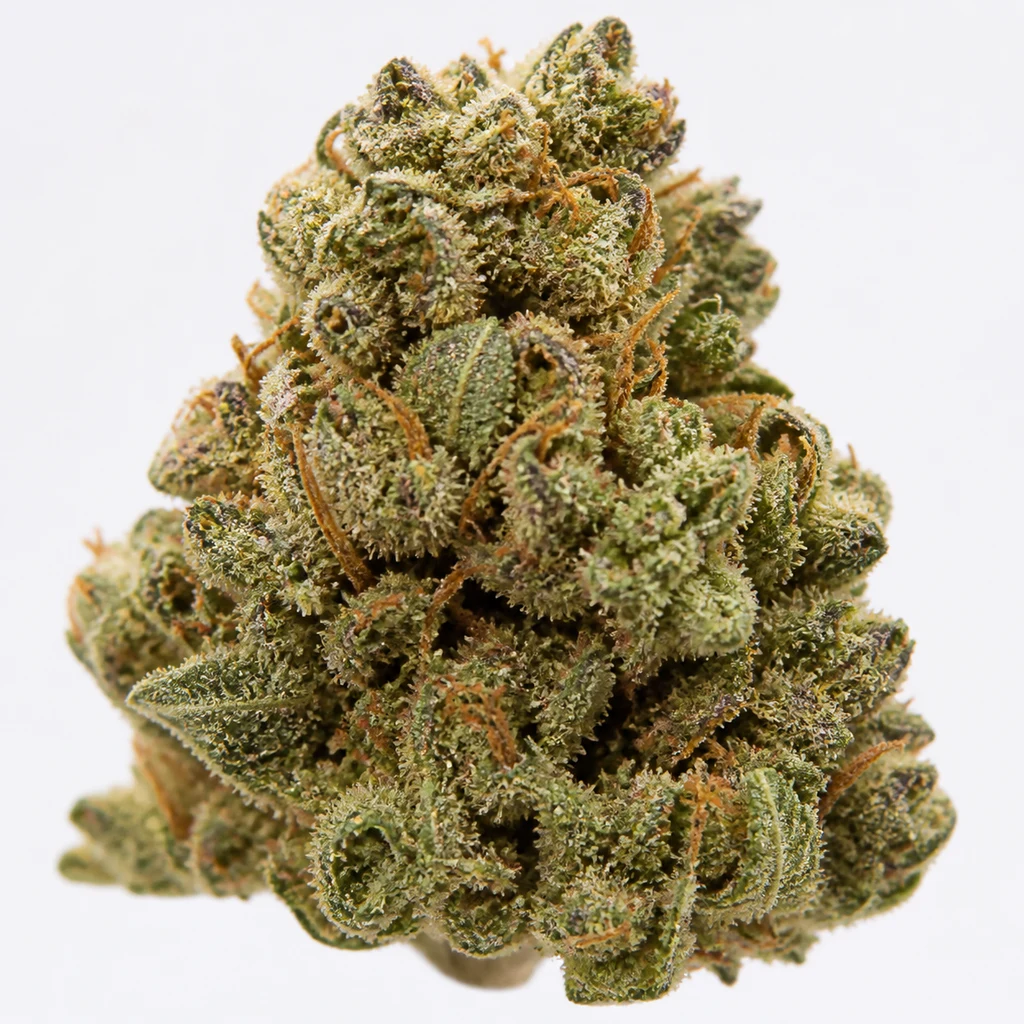 Ilustración de un cogollo verde con pelos naranjas y abundantes puntos claros para la ficha de Critical Jack Condor Autofloreciente de R-Kiem Seeds.