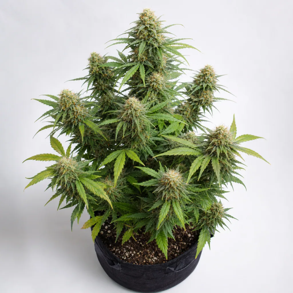 Planta de Sapphire OG Feminizada en floración, con varias ramas cargadas de cogollos y hojas verdes en una maceta textil negra.