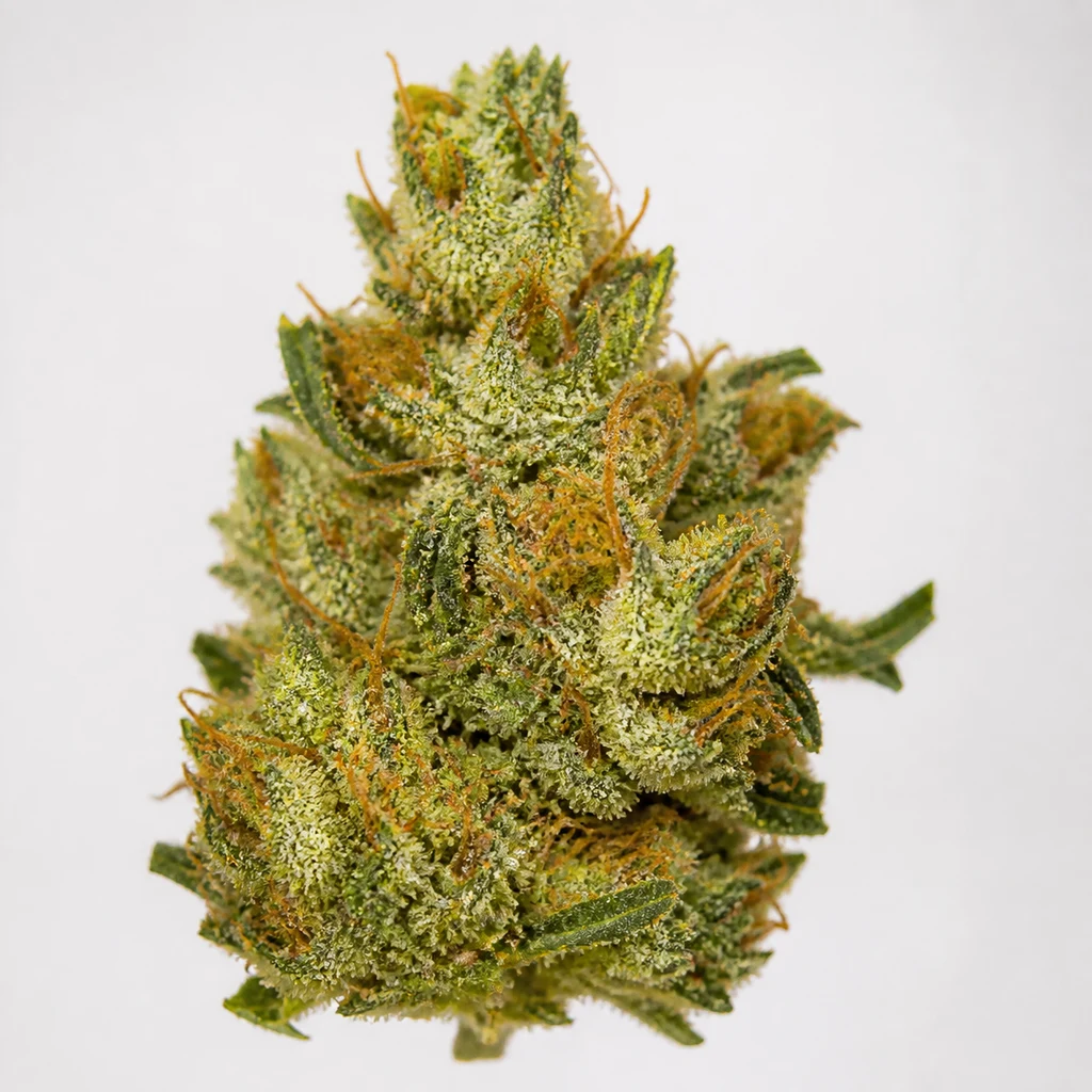 Ilustración de un cogollo verde con filamentos anaranjados y superficie blanquecina para la ficha de Golden Lemon Haze Feminizada.