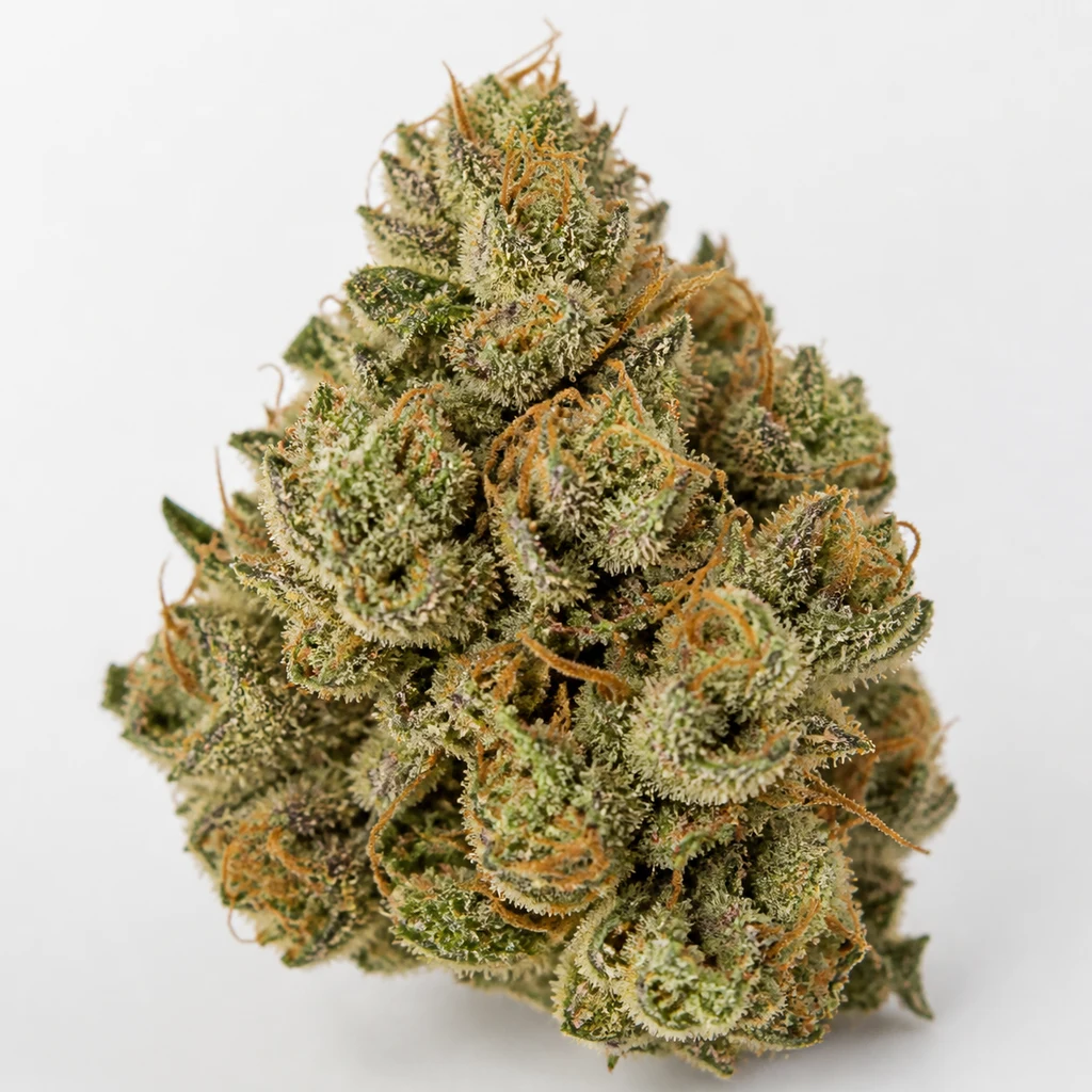 Ilustración de un cogollo verde con recubrimiento blanquecino y filamentos naranjas para la ficha de White Widow Auto de Seed Stockers.