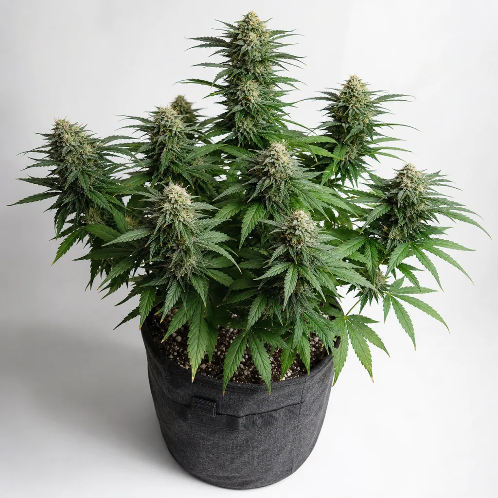 Planta de Skunk Feminizada de PEV Seeds en floración, con varios cogollos y hojas verdes, en una maceta textil negra sobre fondo claro.