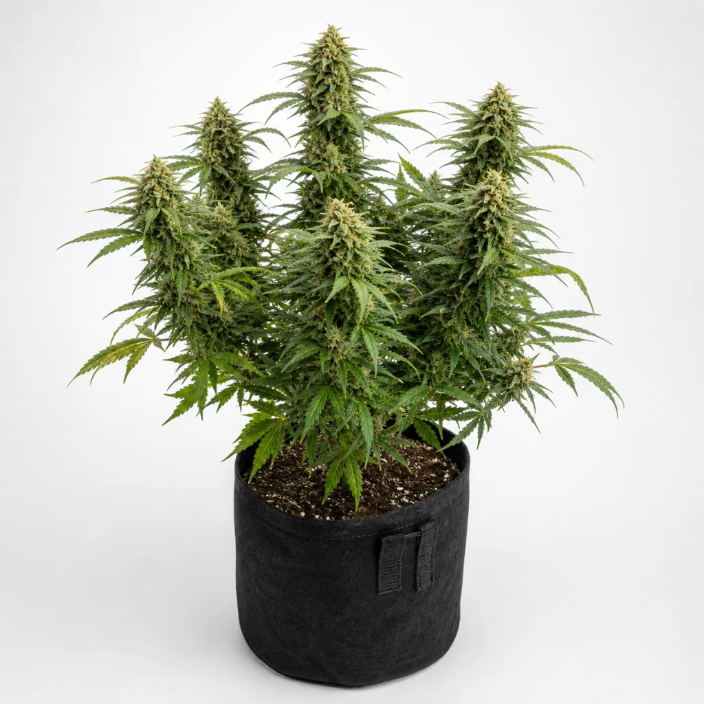 Planta de Somango Feminizada en floración, con varias colas alargadas y hojas verdes, en una maceta negra de tela sobre fondo claro.