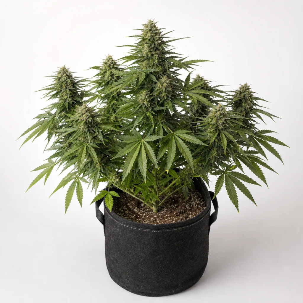 Planta de Sour Ripper en floración, con varios cogollos y hojas verdes dentadas, en una maceta negra con asas sobre fondo blanco.