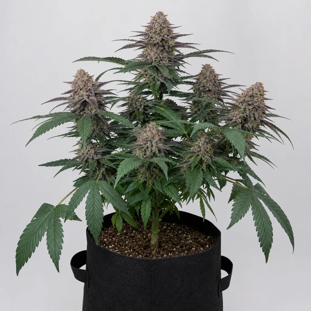 Planta de Do-Si-Dos Feminizada en maceta de tela negra, con hojas verdes y flores compactas de tonos violáceos sobre fondo gris.