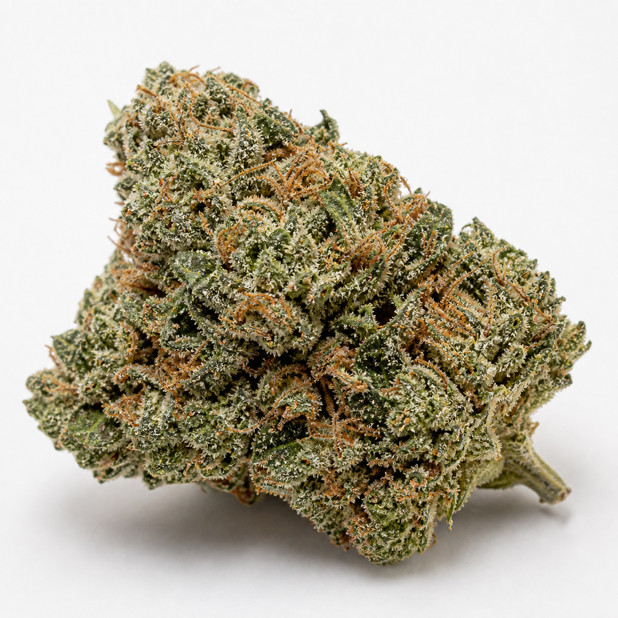 Cogollo de Strawberry XXL Auto, ancho e inclinado, con hojas verdes, tricomas blanquecinos y pistilos anaranjados sobre fondo blanco.