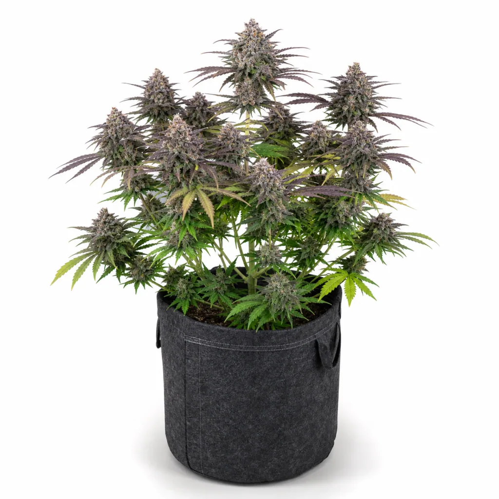 G13 Auto de Spain Seeds en floración, con numerosos cogollos, hojas verdes y moradas y maceta textil oscura sobre fondo blanco.