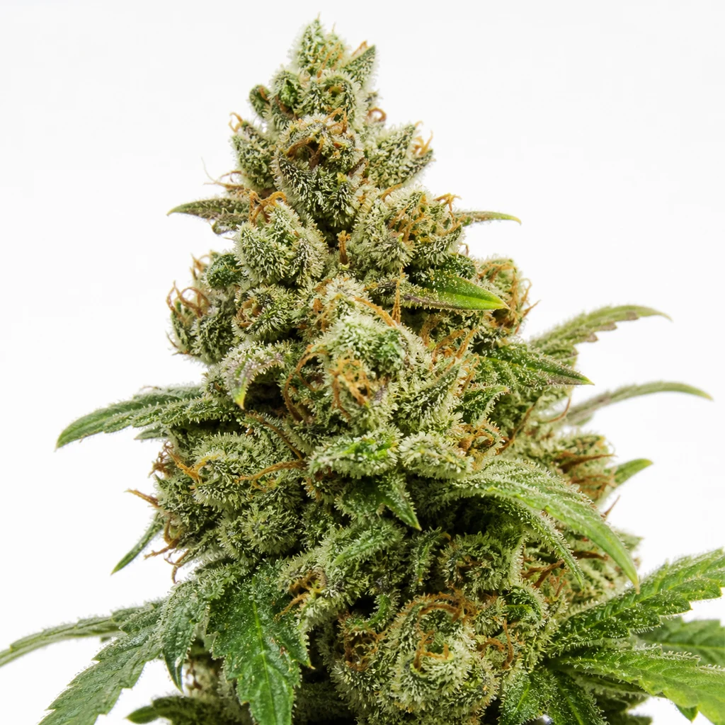 Ilustración de un cogollo para la ficha de Strawberry Gorilla Auto RF3, con hojas verdes, filamentos naranjas y cobertura blanquecina.