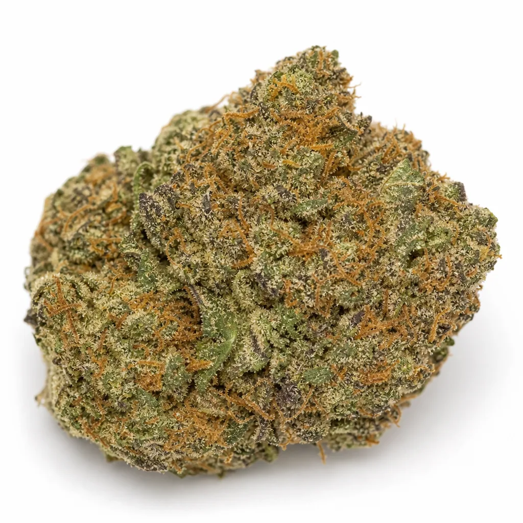 Primer plano de un cogollo de Strawberry OG con hojas verdes y oscuras, filamentos anaranjados y abundantes puntos blanquecinos.