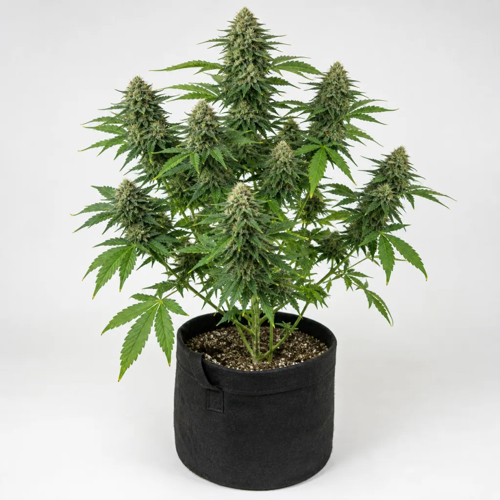 Planta de Strawberry OG Feminizada en floración, con varios cogollos alargados y hojas verdes, en maceta negra sobre fondo claro.
