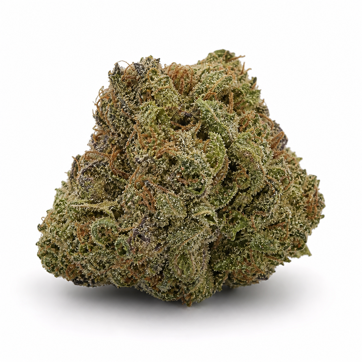 Cogollo de Honey Peach Auto CBD® de Sweet Seeds sobre fondo blanco, con tonos verdes, zonas moradas, pistilos anaranjados y tricomas.