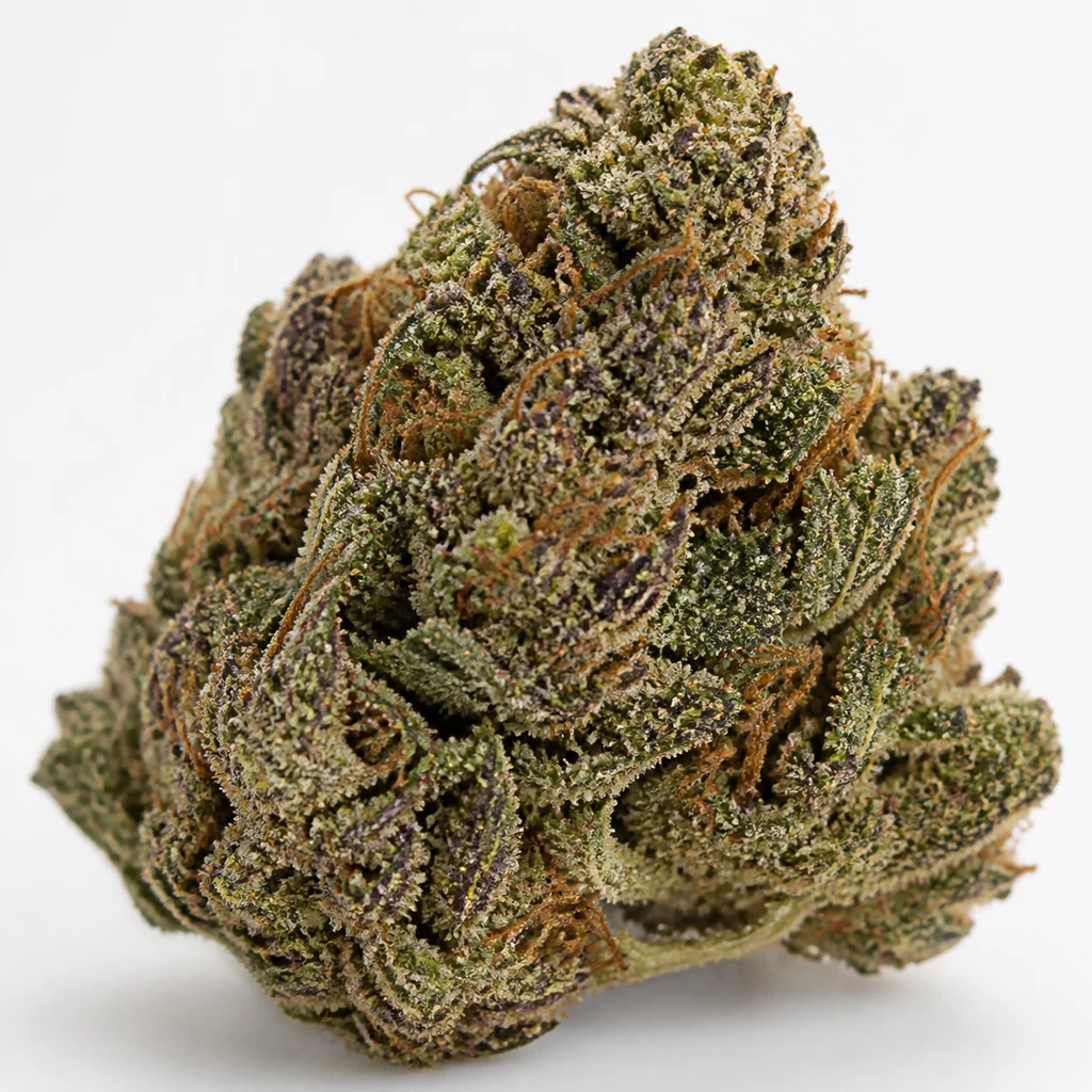 Ilustración de un cogollo con hojas puntiagudas verdes y moradas y filamentos naranjas para la ficha de Purple Punch OG® Feminizada.