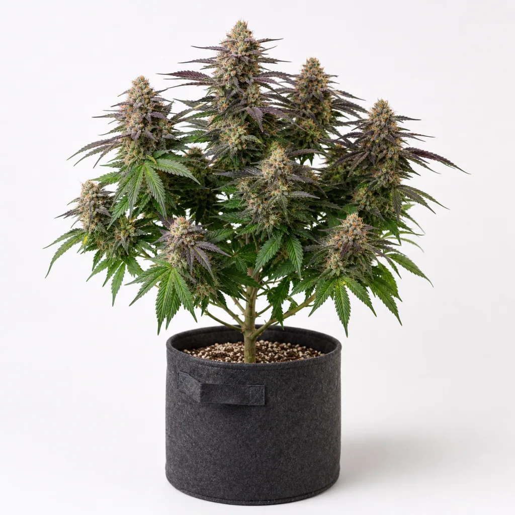 Planta de cannabis The Ultimate en floración, con cogollos prominentes y hojas verdes y moradas, en maceta textil negra sobre fondo blanco.