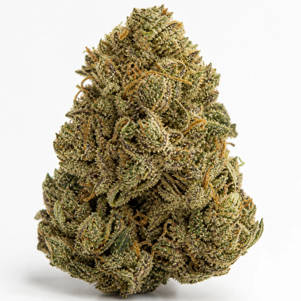 Ilustración de un cogollo verde de forma cónica, con tricomas claros y filamentos naranjas, para la ficha de Dark Star X AK-49 Feminizada.
