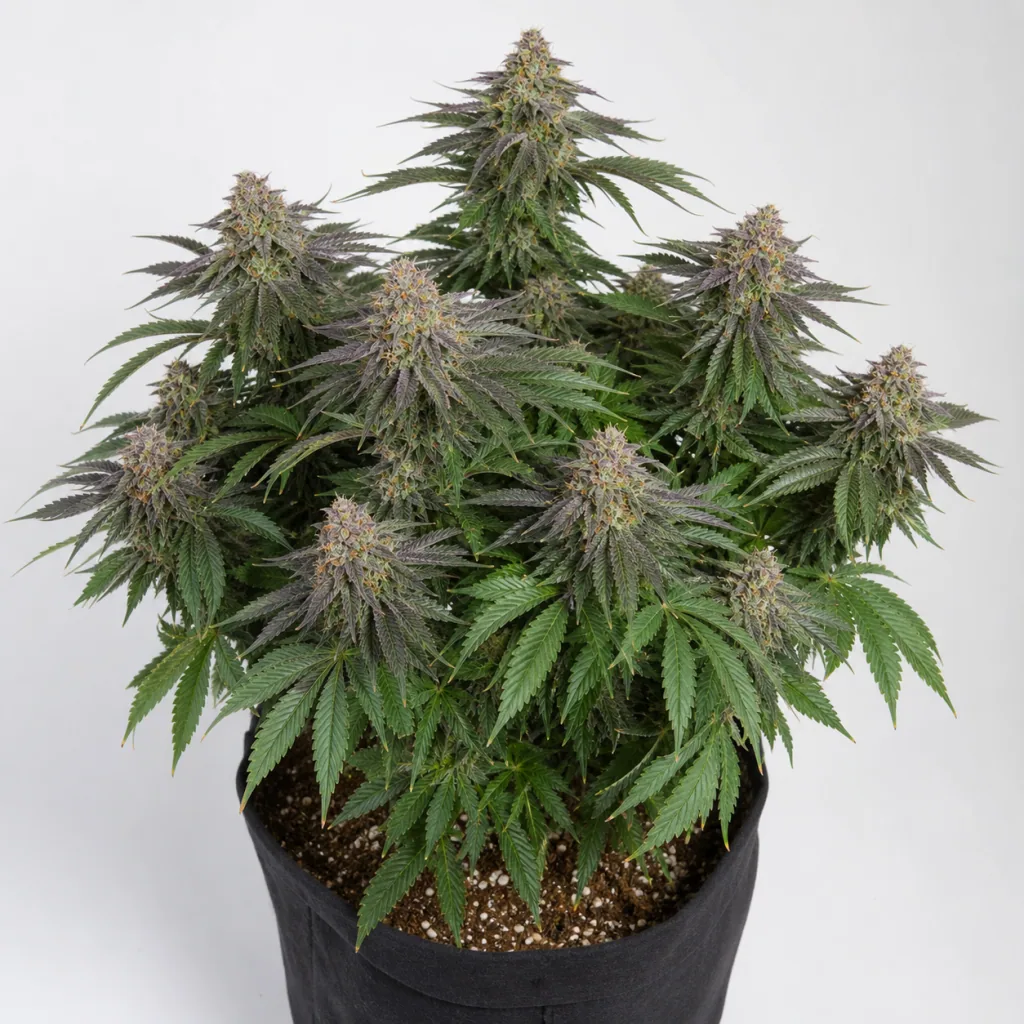 Planta La Blanca Gold Auto en maceta negra, con abundantes flores y hojas verdes con tonos morados, sobre fondo claro.