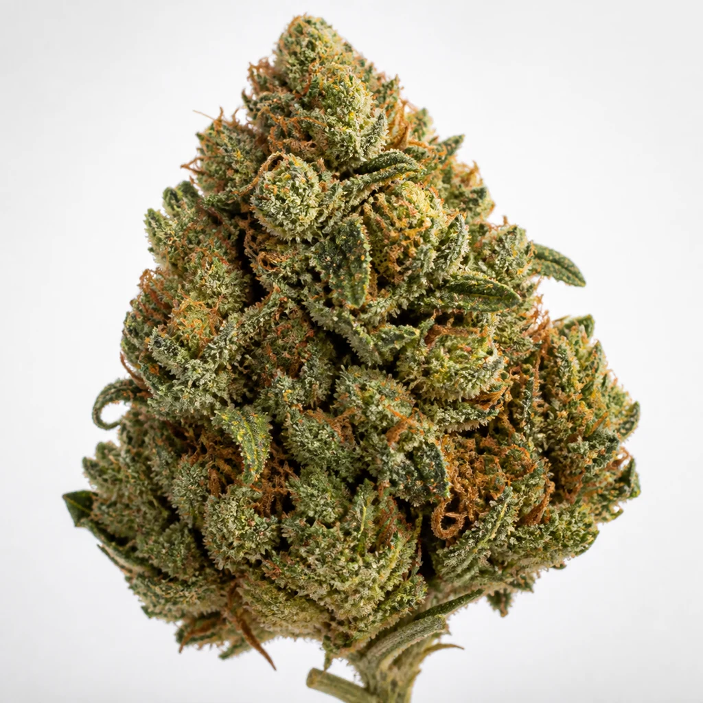 Ilustración de un cogollo verde alargado con abundantes filamentos naranjas para la ficha de Vision Kush Auto de Vision Seeds.