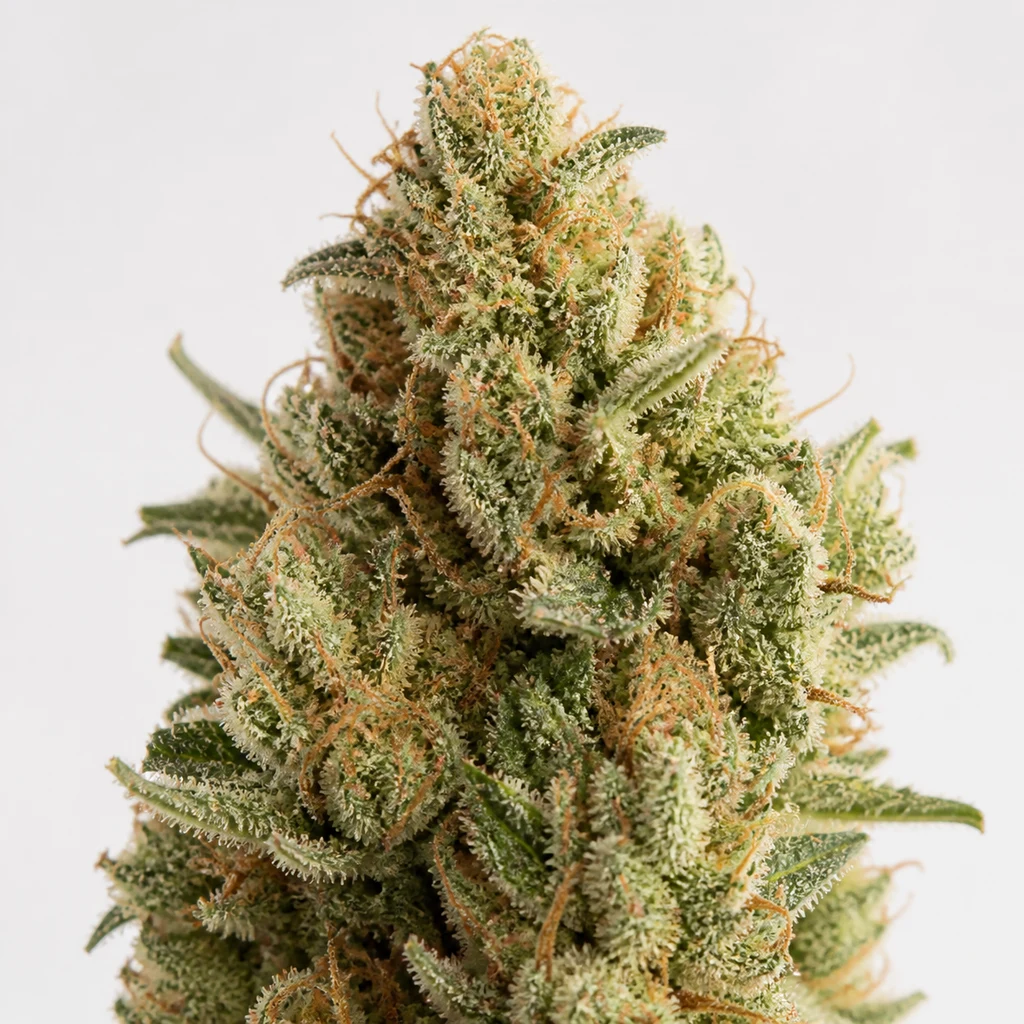 Ilustración de un cogollo verde con pistilos anaranjados y superficie escarchada para la ficha de White Widow Regular de Barney's Farm.