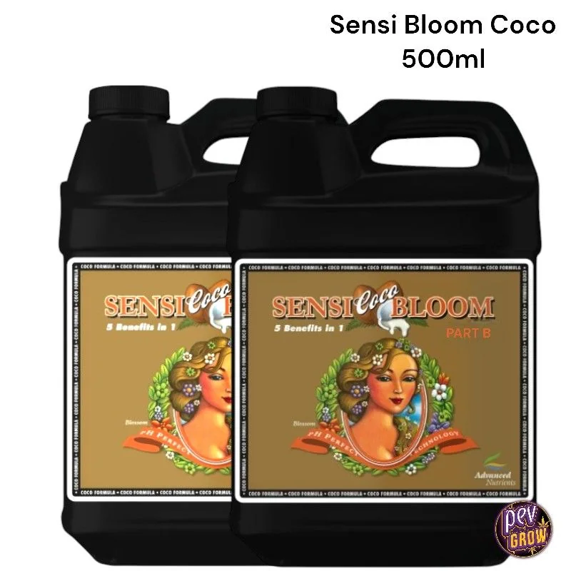 Garrafas negras de Sensi Bloom A+B Coco de Advanced Nutrients, con asas y etiquetas doradas, dispuestas sobre fondo blanco.