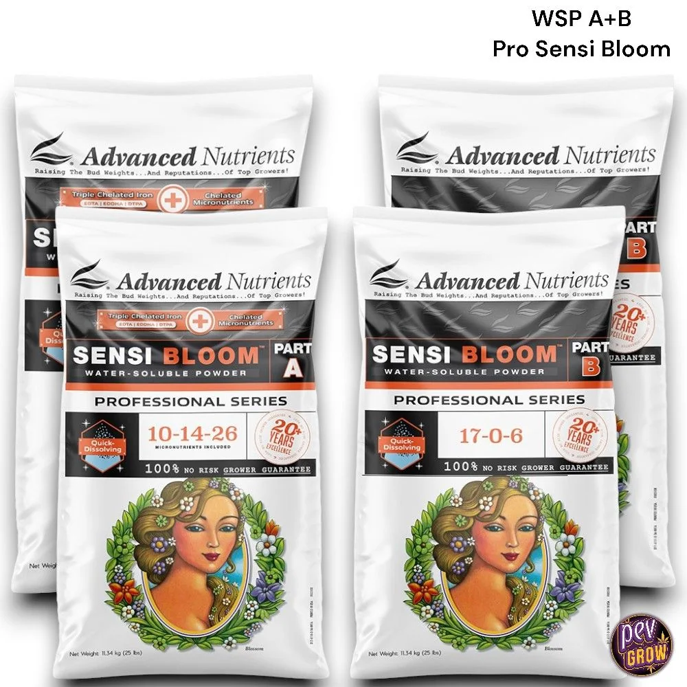 Bolsas Advanced Nutrients Sensi Bloom en polvo soluble, partes A y B, con fórmulas visibles 10-14-26 y 17-0-6, respectivamente.