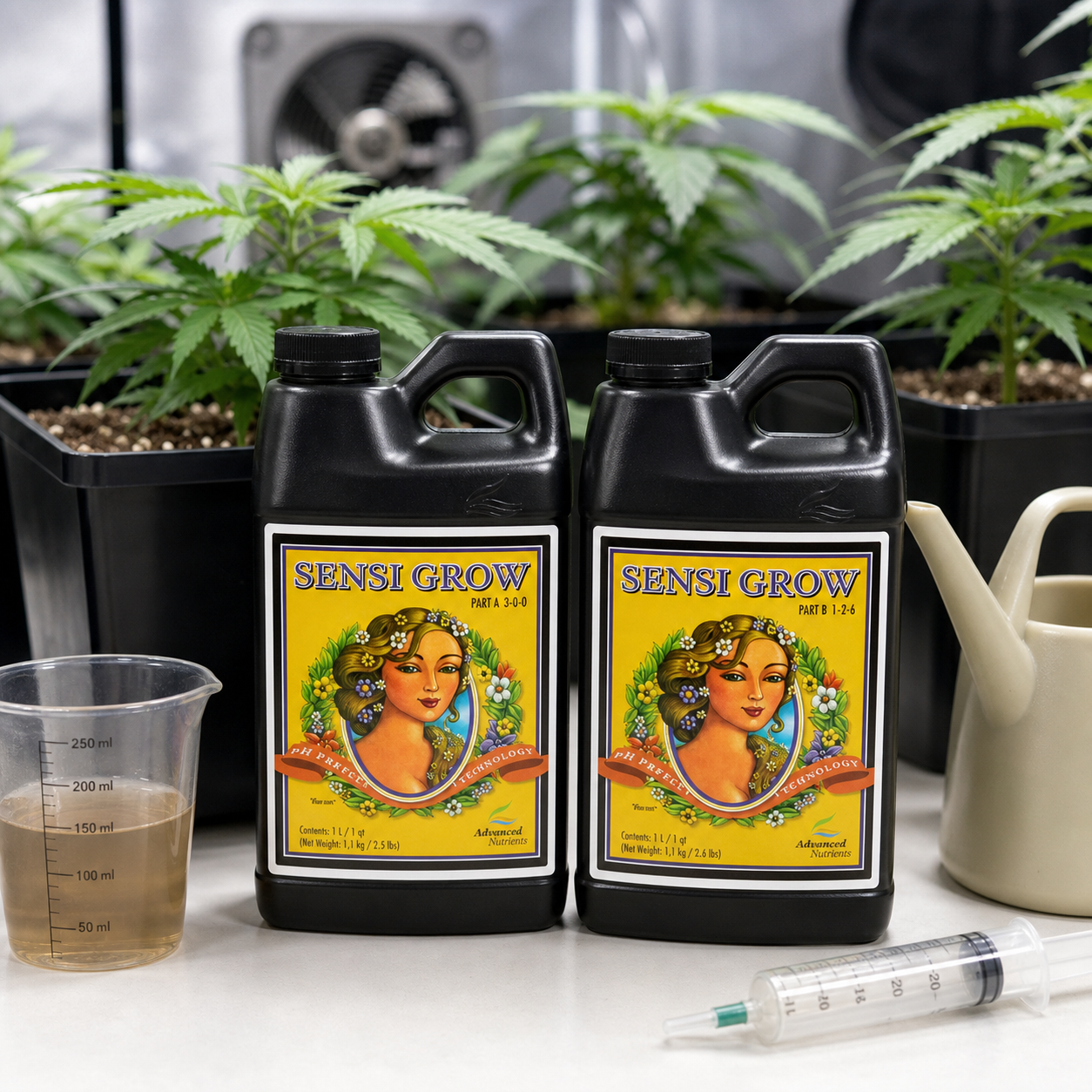 Garrafas negras Sensi Grow A y B con etiquetas amarillas, junto a un vaso medidor, una jeringa y una regadera, con plantas al fondo.