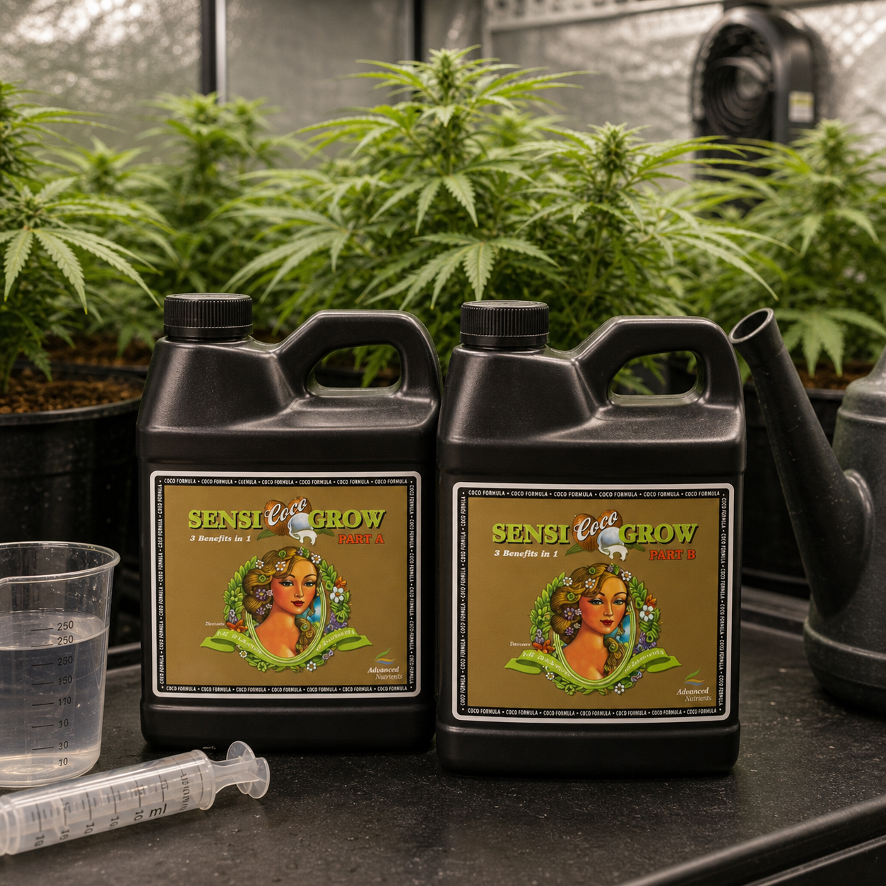 Dos garrafas de Sensi Coco Grow, partes A y B, sobre una mesa con vaso graduado, jeringa y regadera, ante plantas de cannabis.