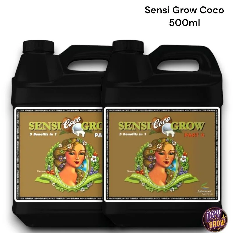Envases negros de Sensi Grow Coco de Advanced Nutrients, partes A y B, con asas y etiquetas ilustradas; texto superior de 500 ml.