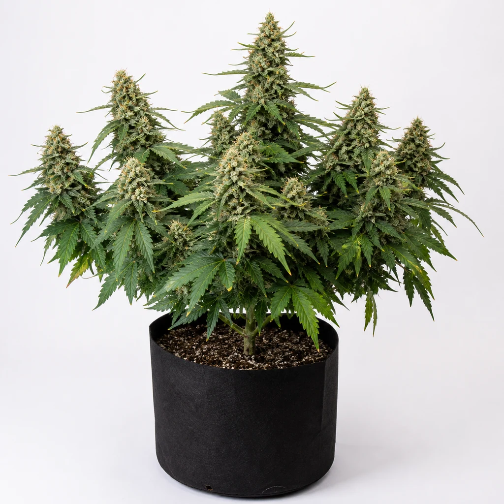 Ilustración de una planta de cannabis para la ficha de Sensi Star, con abundantes cogollos y hojas verdes en una maceta negra.