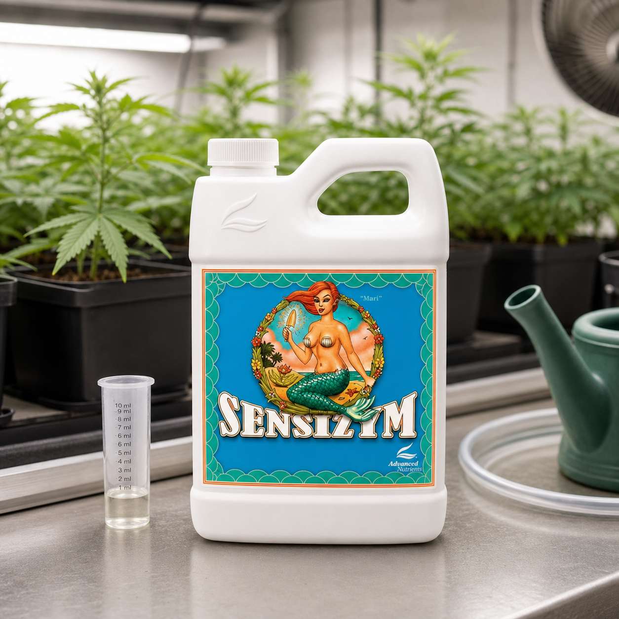 Garrafa blanca de SensiZym Advanced Nutrients junto a un vaso graduado y una regadera, con plantas en macetas al fondo.