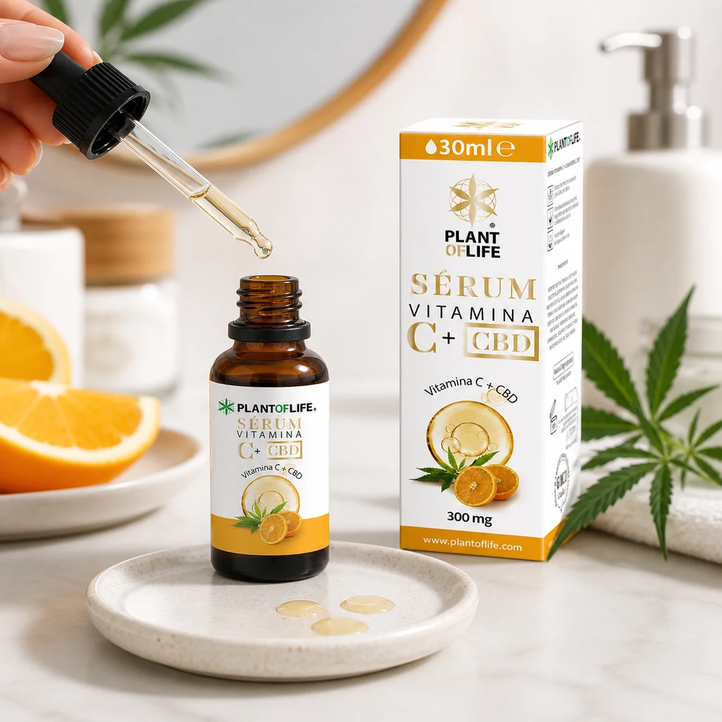 Una mano sostiene un cuentagotas sobre el frasco abierto de suero de vitamina C y CBD Plant of Life, junto a su caja y rodajas de naranja.