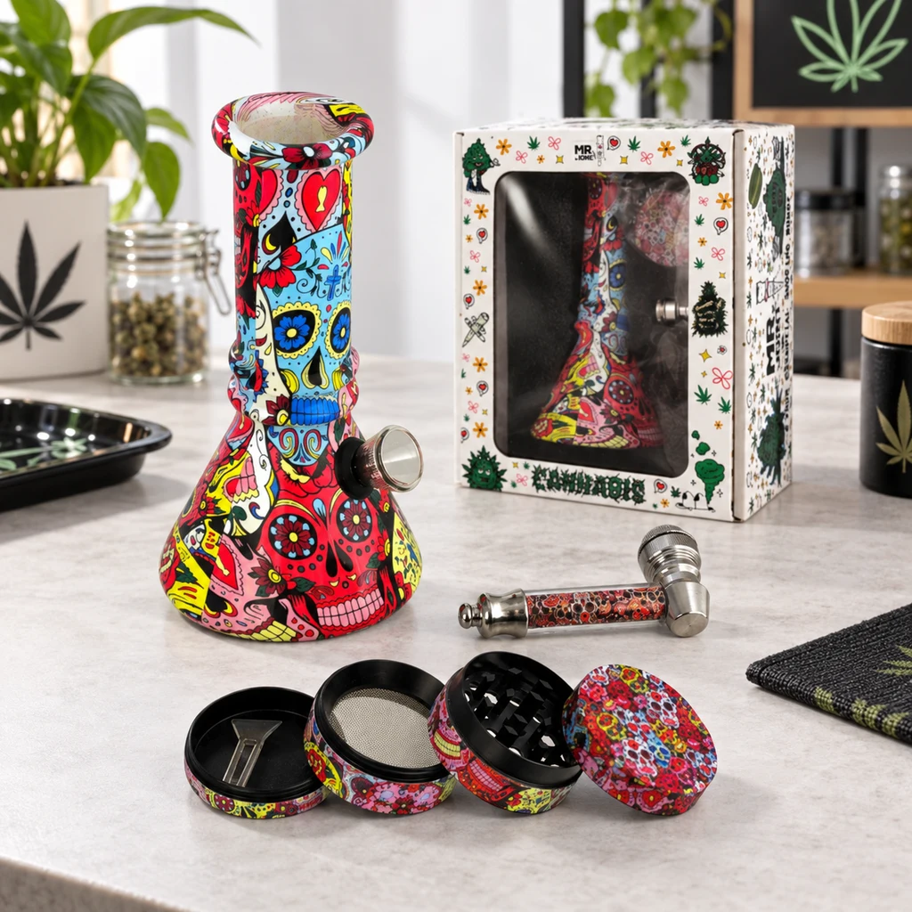 Bong con motivos de calaveras multicolores junto a una pipa, un grinder abierto y una caja decorada sobre una encimera.