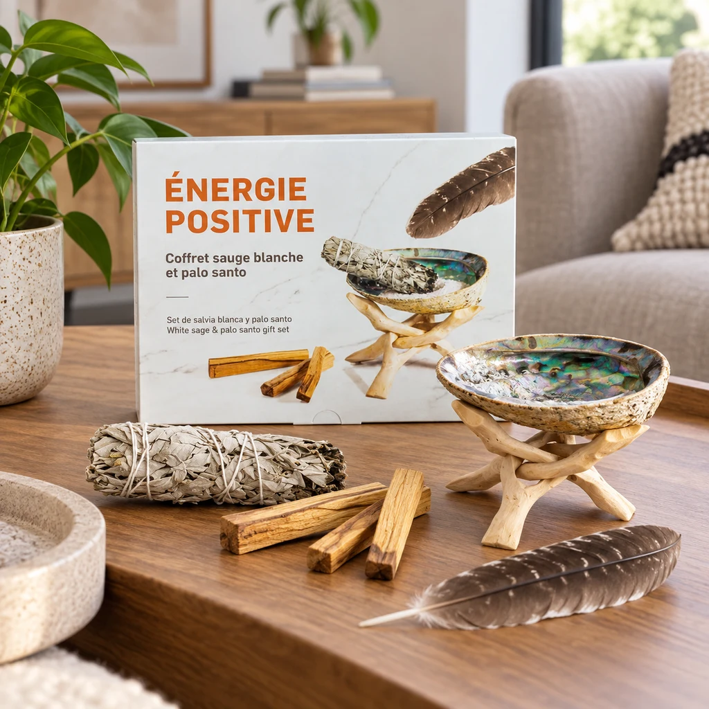 Set de Energía Positiva con caja, atado de salvia, palos de madera, concha sobre soporte y pluma, dispuesto en una mesa. Set de Energía Positiva con caja, atado de salvia, palos de madera, concha sobre soporte y pluma, dispuesto en una mesa.