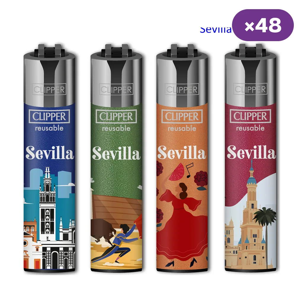 Cuatro diseños de encendedores Clipper Sevilla con monumentos, escena taurina y bailaora de flamenco; distintivo «×48» en la esquina.