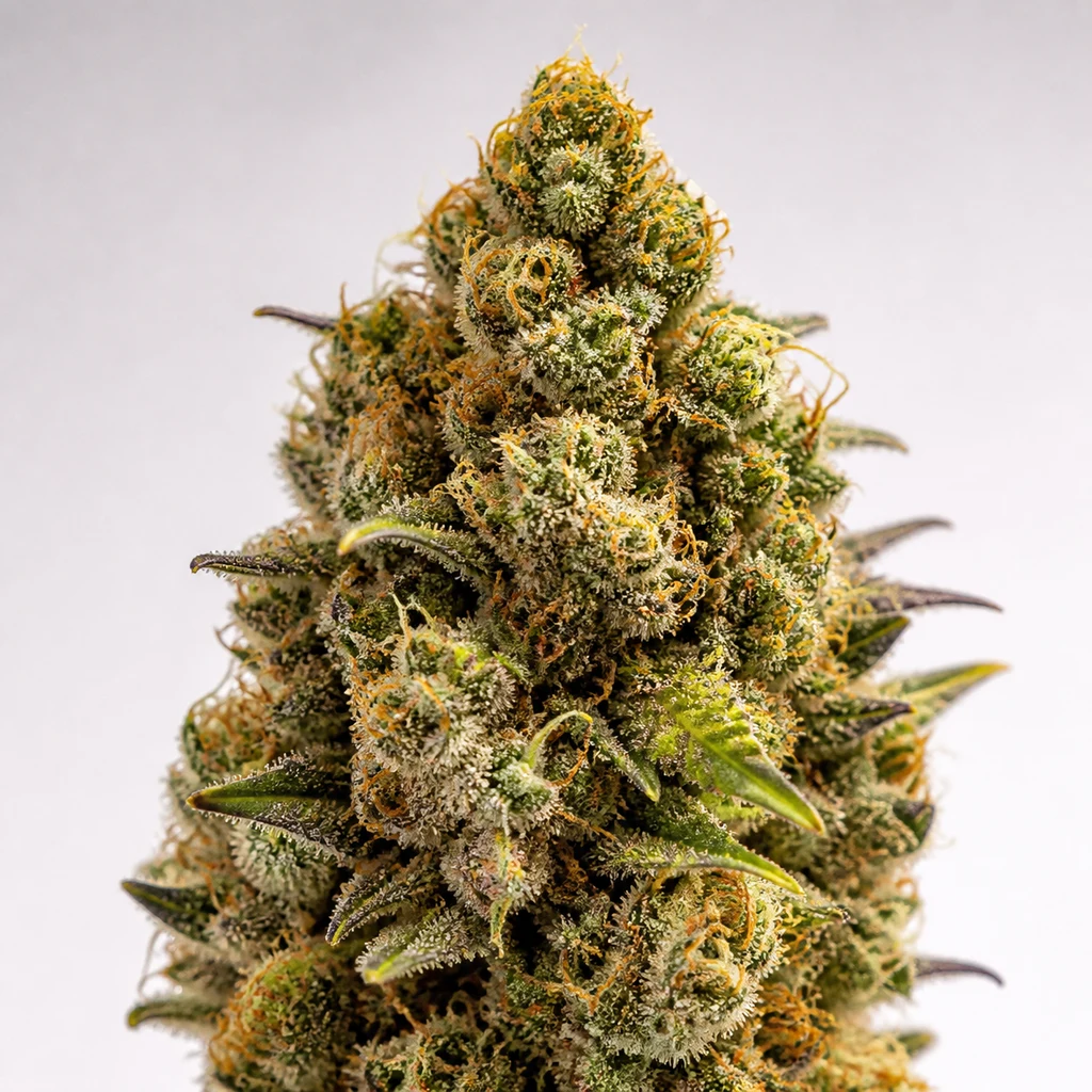 Ilustración de un cogollo con abundantes filamentos anaranjados y hojas puntiagudas para la ficha de Shining Silver Haze Feminizada.